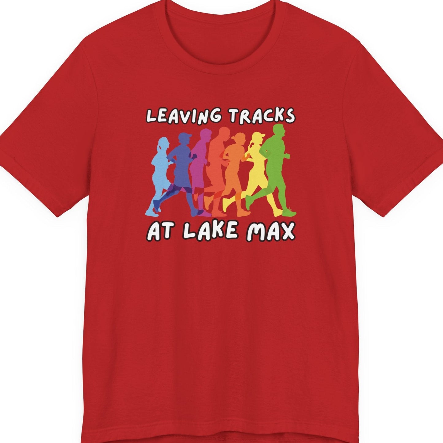 Leaving Tracks at Lake Max Colorful Runners ultimate Unisex Jersey Short Sleeve Tee in red