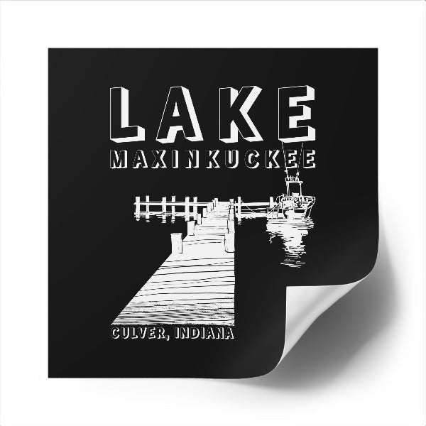 This Lake Maxinkuckee, Culver, Indiana sticker features a serene design of a pier and boat silhouette