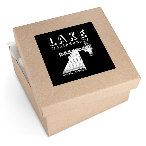 This Lake Maxinkuckee, Culver, Indiana sticker features a serene design of a pier and boat silhouette