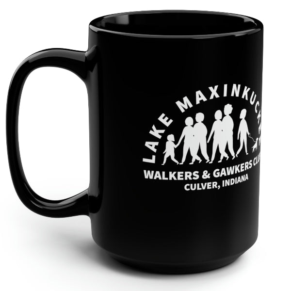 graphic of a group pf people walking with text Lake Maxinkuckee Walkers & Gawkers Club, Culver Indiana