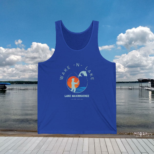 Wake and Lake, Lake Maxinkuckee Culver Indiana Unisex Jersey Tank Top