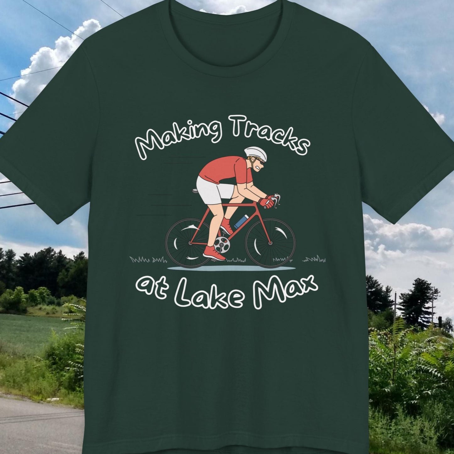 Making Tracks at Lake Max Bike Adventure Unisex Jersey Short Sleeve Tee in forest