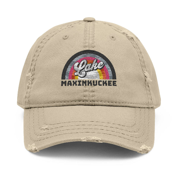 Vintage-Inspired Distressed Hat with 'Lake Maxinkuckee' and Rainbow Embroidery
