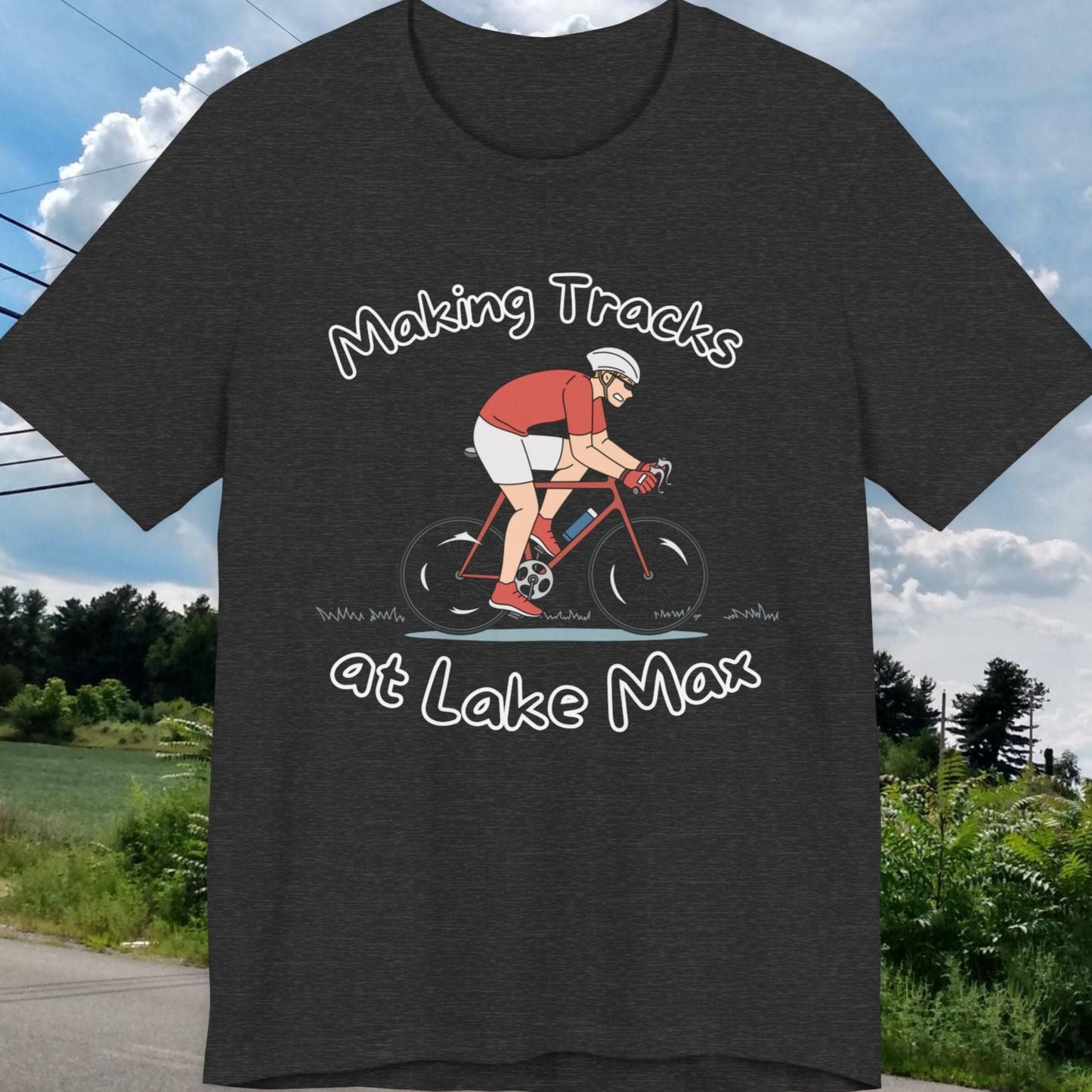 Making Tracks at Lake Max Bike Adventure Unisex Jersey Short Sleeve Tee in dark grey heather