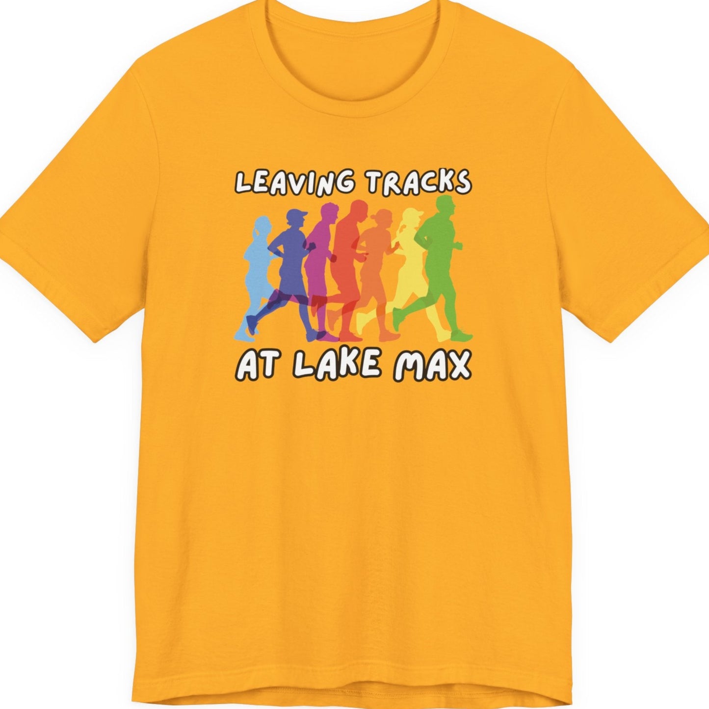 Leaving Tracks at Lake Max Colorful Runners ultimate Unisex Jersey Short Sleeve Tee in gold