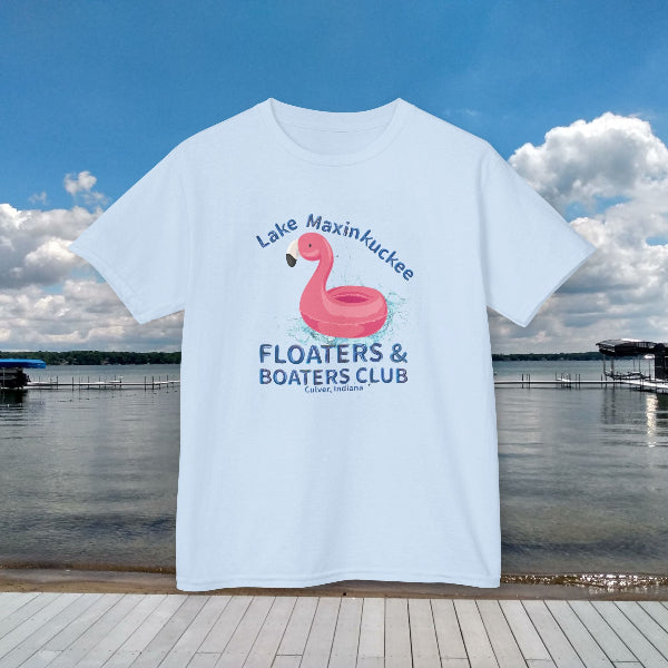 light blue Lake Maxinkuckee Floaters & Boaters Club t-shirt