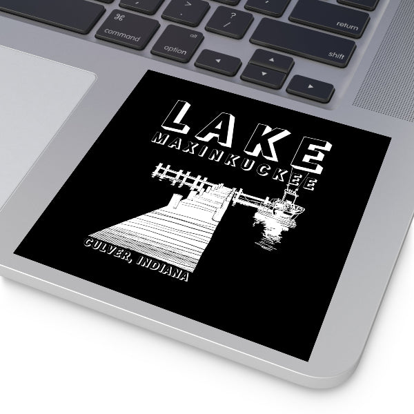 This Lake Maxinkuckee, Culver, Indiana sticker features a serene design of a pier and boat silhouette