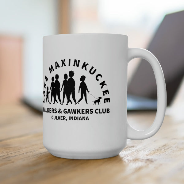 graphic of a group pf people walking with text Lake Maxinkuckee Walkers & Gawkers Club, Culver Indiana