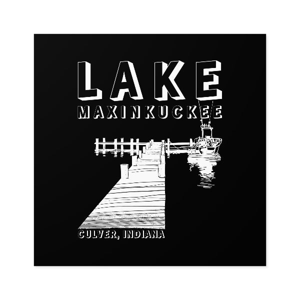 This Lake Maxinkuckee, Culver, Indiana sticker features a serene design of a pier and boat silhouette