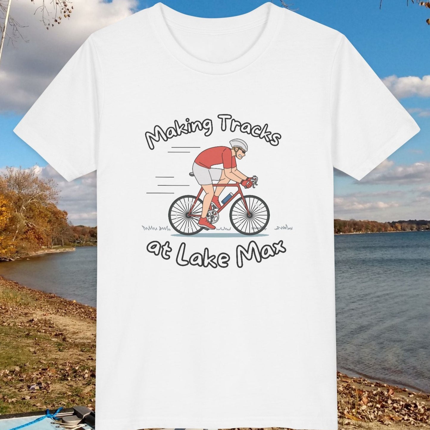 Making Tracks at Lake Max cycler graphic youth tee in white