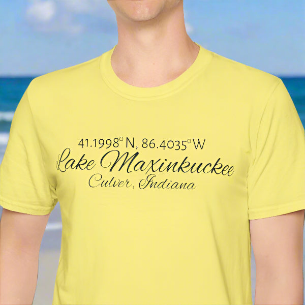 Lake Maxinkuckee Latitude/Longitude coordinates Unisex super soft tee for that Lake Life!