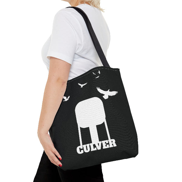 custom Culver Water Tower with Turkey Vultures in Silhouette-printed tote bags