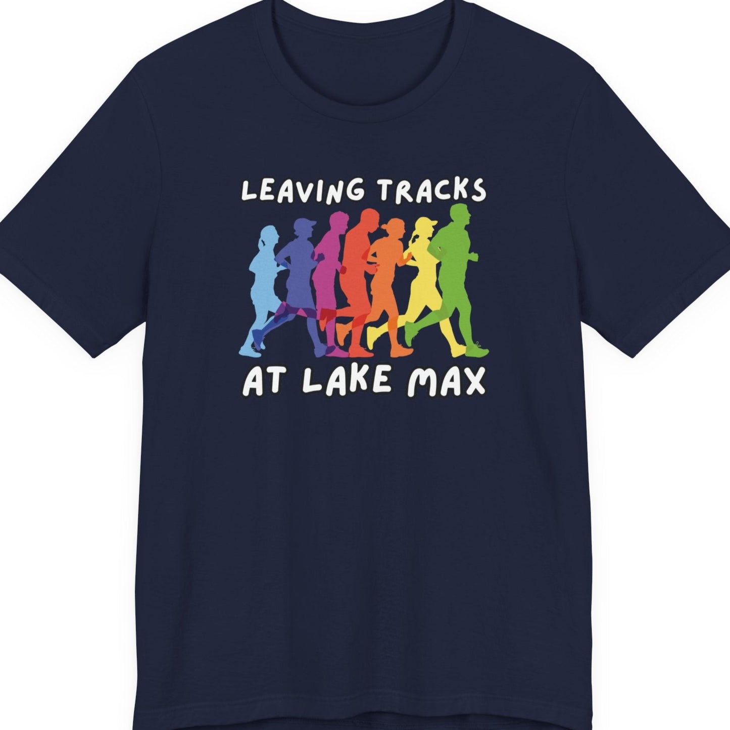 Leaving Tracks at Lake Max Colorful Runners ultimate Unisex Jersey Short Sleeve Tee in navy