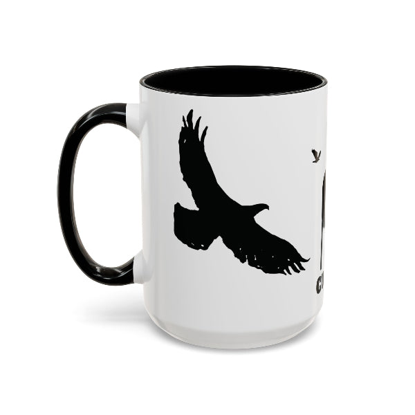 Culver water tower and turkey vultures silhouettes in black on white mug with black interior