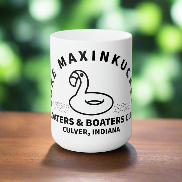 graphic of a flamingo float with text Lake Maxinkuckee Floaters & Boaters, Culver Indiana