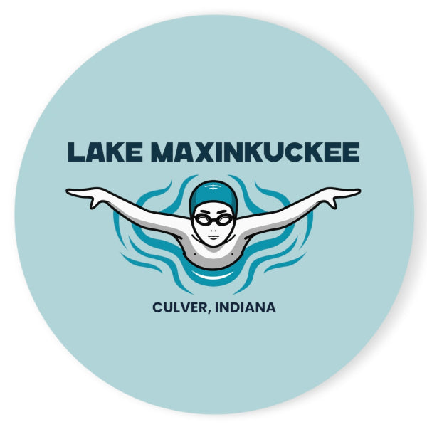 graphic of a swimmer from the front with arms spread and text Lake Maxinkuckee Culver Indiana