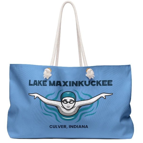 graphic of a swimmer from the front with arms spread and text Lake Maxinkuckee Culver Indiana