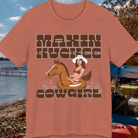 Maxinkuckee Cowgirl humorous Unisex Jersey Short Sleeve Tee in heather clay