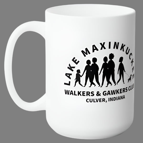 graphic of a group pf people walking with text Lake Maxinkuckee Walkers & Gawkers Club, Culver Indiana