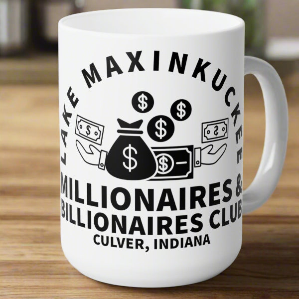graphic of money bags, piles of money, and dollar signs with text Lake Maxinkuckee Millionaires & Billionaires Club, Culver Indiana