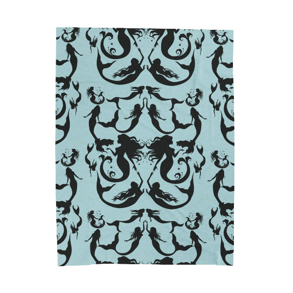 Mermaids in Silhouette (LIGHT BLUE) patterned Velveteen Plush Blanket