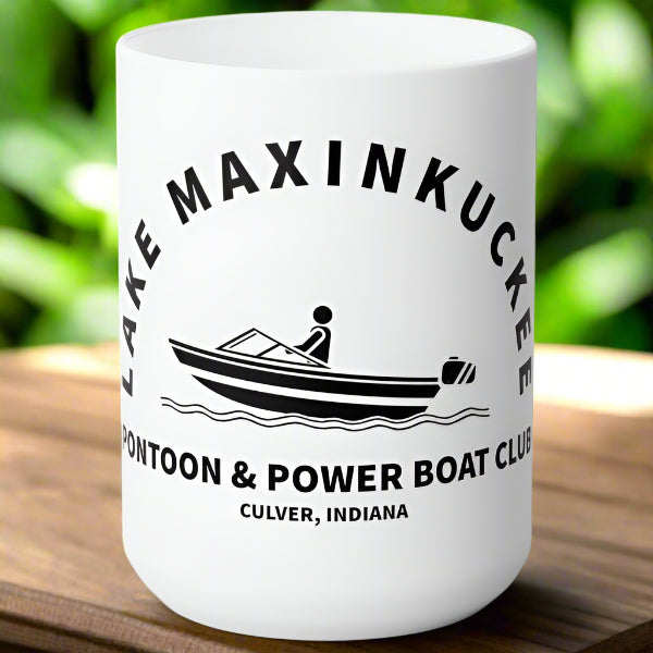 graphic of a power boat with text Lake Maxinkuckee Pontoon & Power Boat Club Culver Indiana