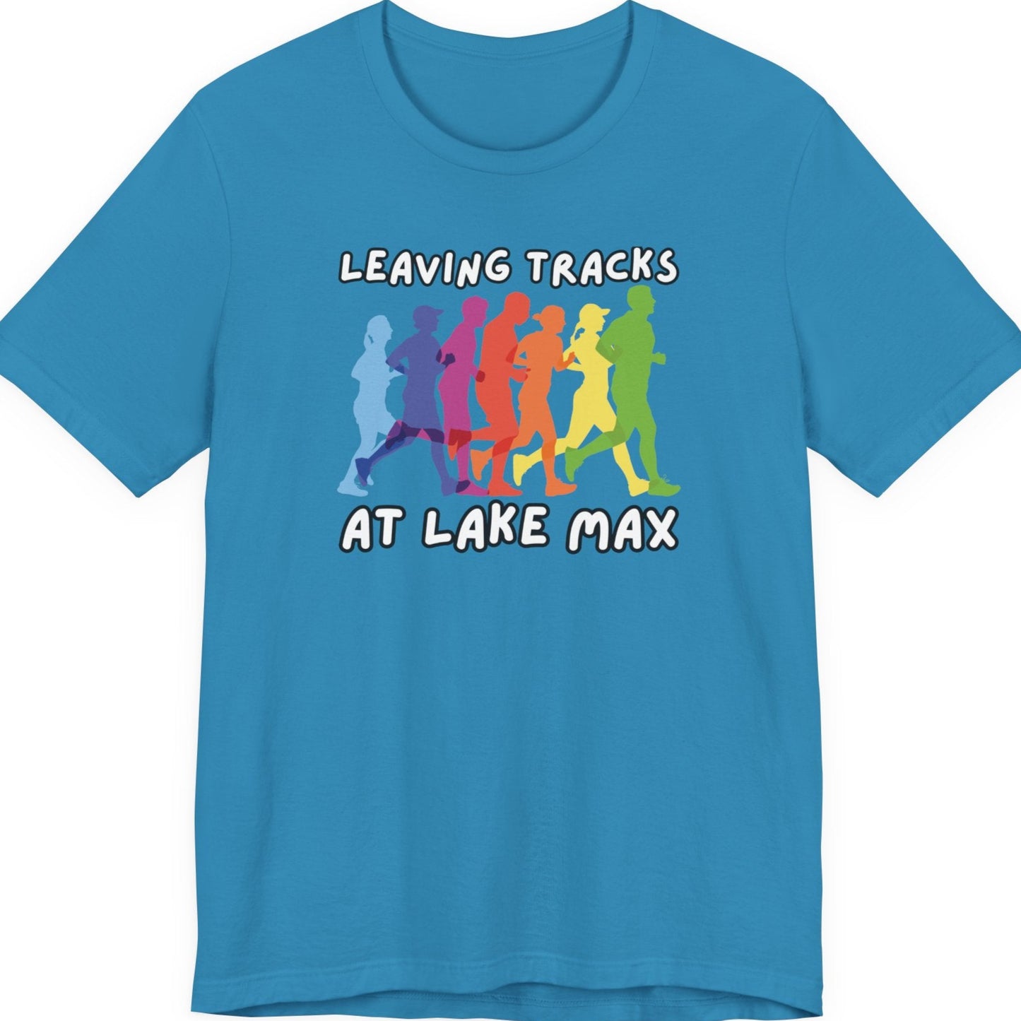 Leaving Tracks at Lake Max Colorful Runners ultimate Unisex Jersey Short Sleeve Tee in aqua
