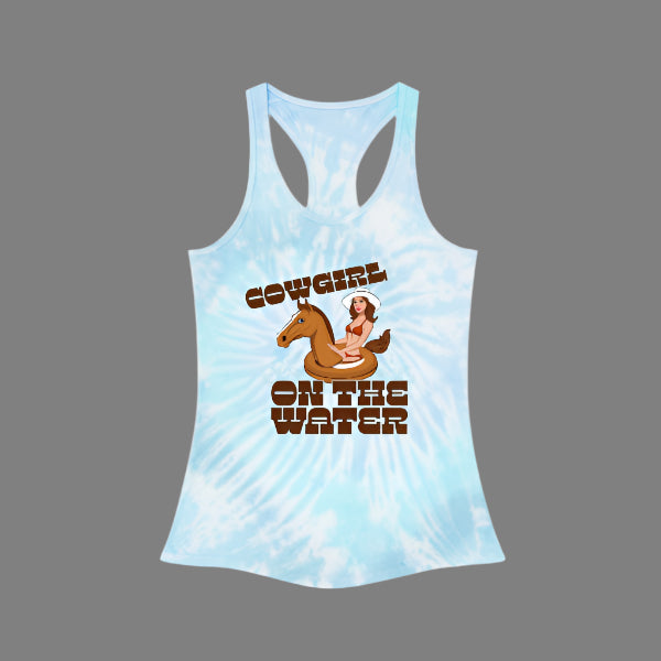 tie dye Tank Top featuring a graphic of a cowgirl on a horse float ring.