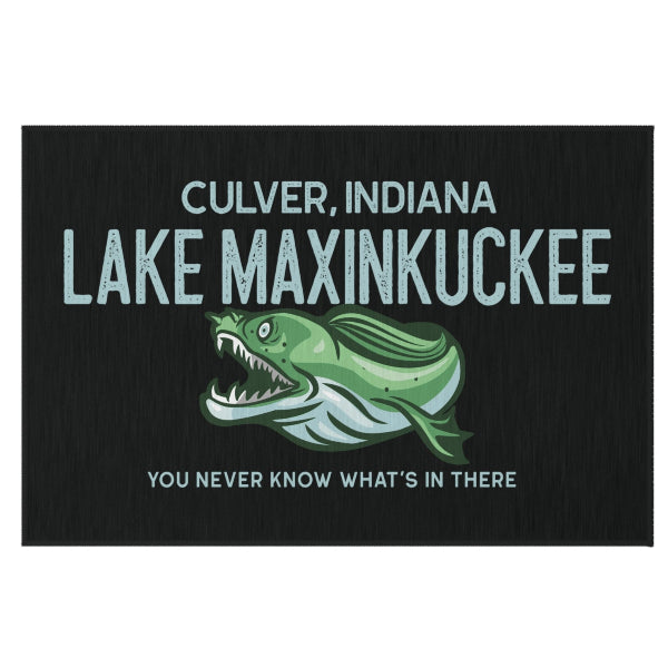 graphic of a fanged fish and text reading "Lake Maxinkuckee Culver Indiana You never know what's in there"