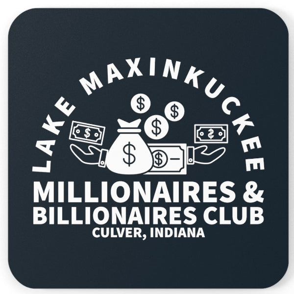 graphic of money bags, piles of money, and dollar signs with text Lake Maxinkuckee Millionaires & Billionaires Club, Culver Indiana