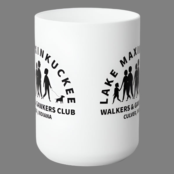 graphic of a group pf people walking with text Lake Maxinkuckee Walkers & Gawkers Club, Culver Indiana