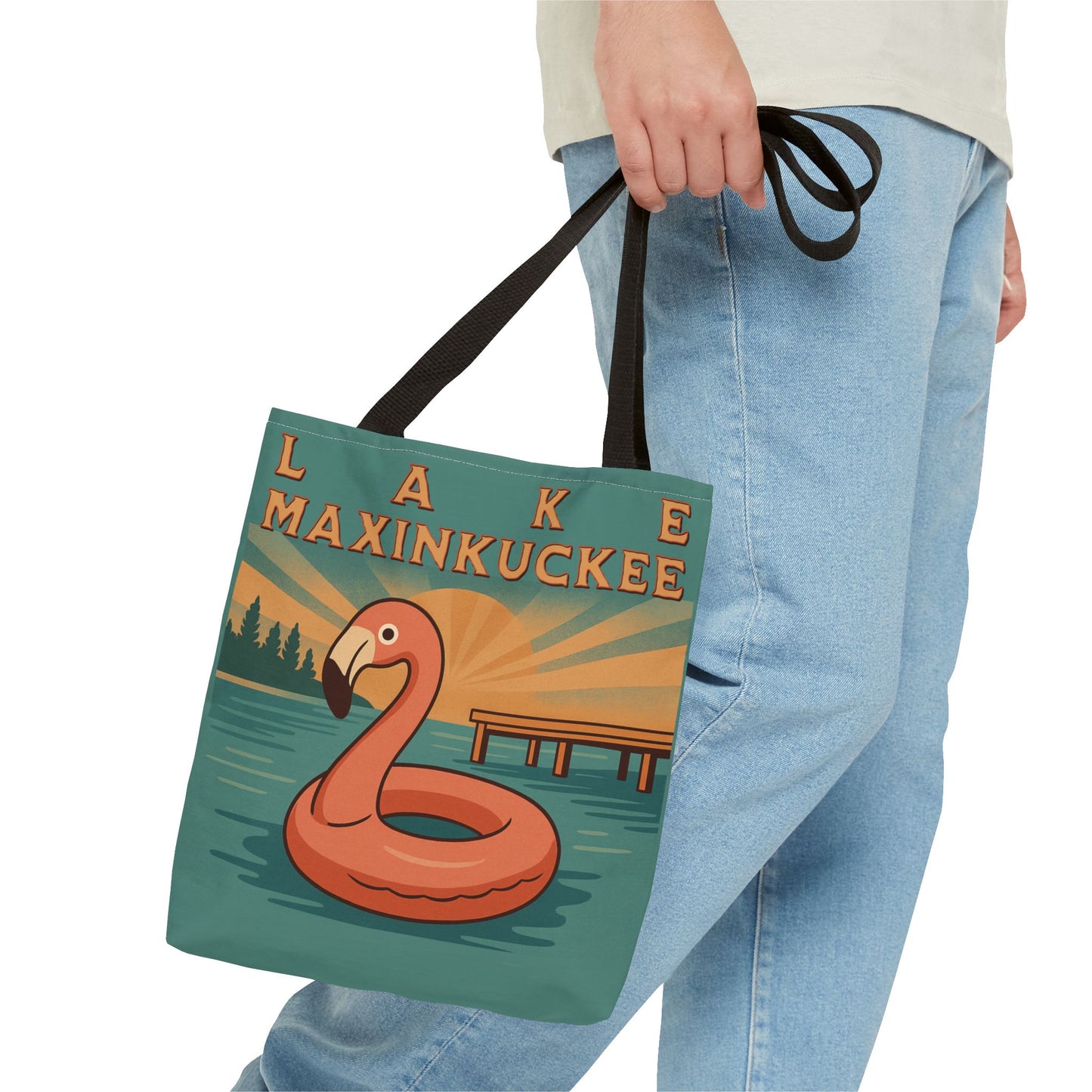 Tote bag with flamingo design and 'Lake Maxinkuckee' text