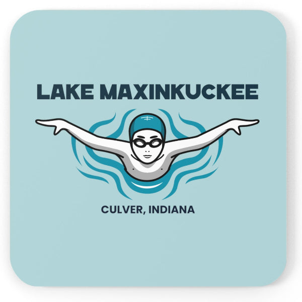 graphic of a swimmer from the front with arms spread and text Lake Maxinkuckee Culver Indiana