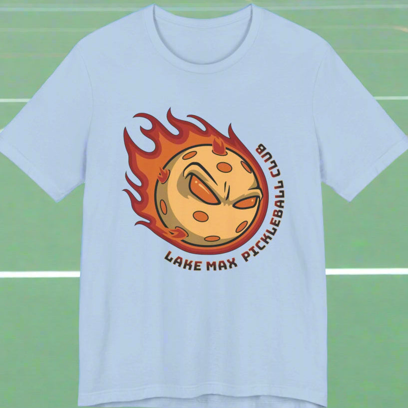 Lake Maxinkuckee Pickleball Club - Flaming Pickleball Unisex Tee in baby blue