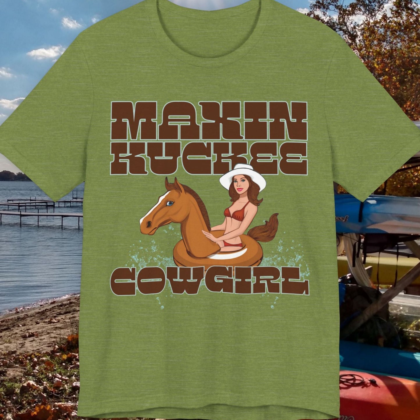 Maxinkuckee Cowgirl humorous Unisex Jersey Short Sleeve Tee in heather green