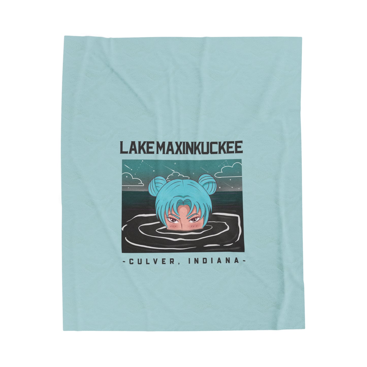 graphic of a girls head partially under water with the text Lake Maxinkuckee Culver Indiana