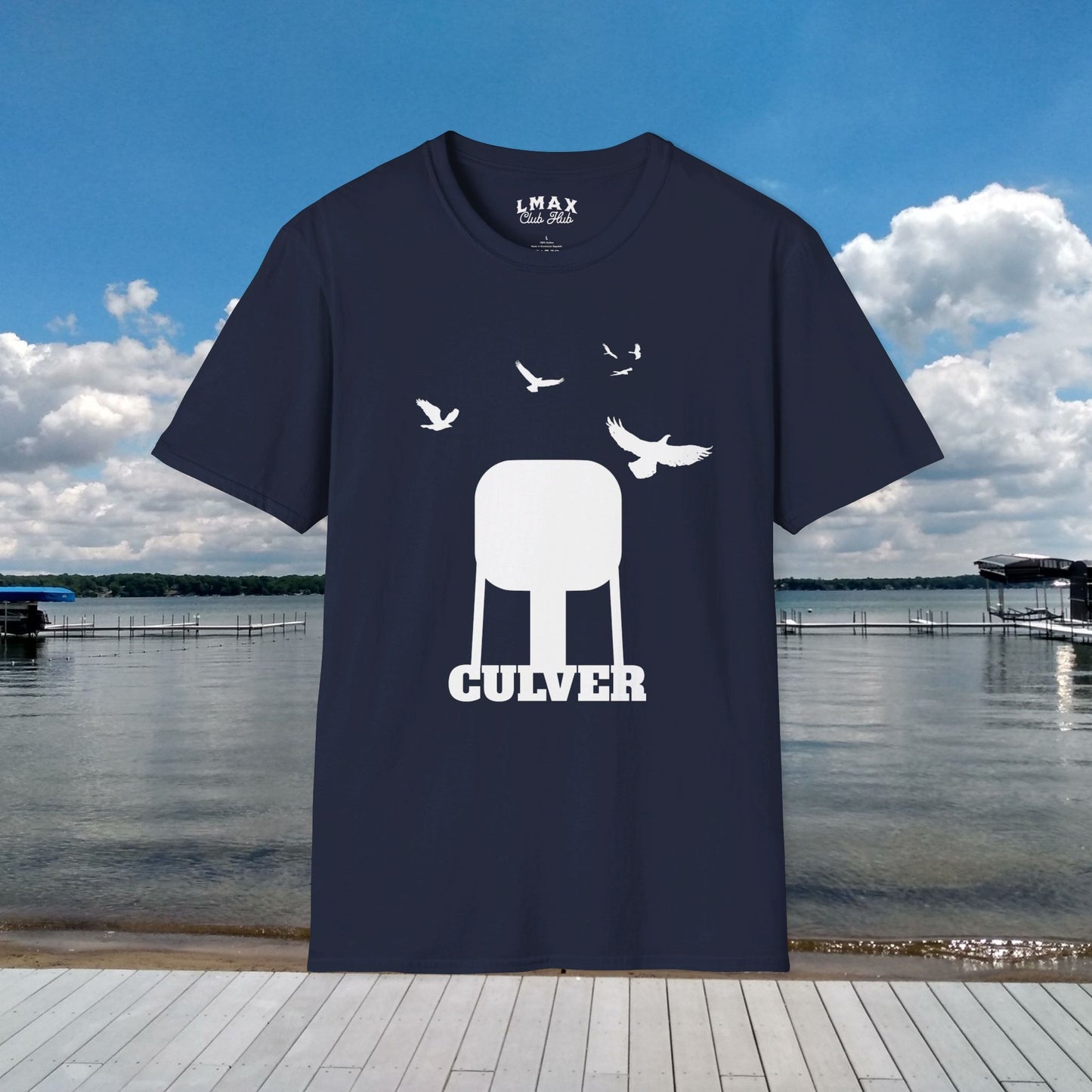 Culver Indiana Water Tower with Turkey Vultures in White Silhouette Unisex Softstyle T-Shirt