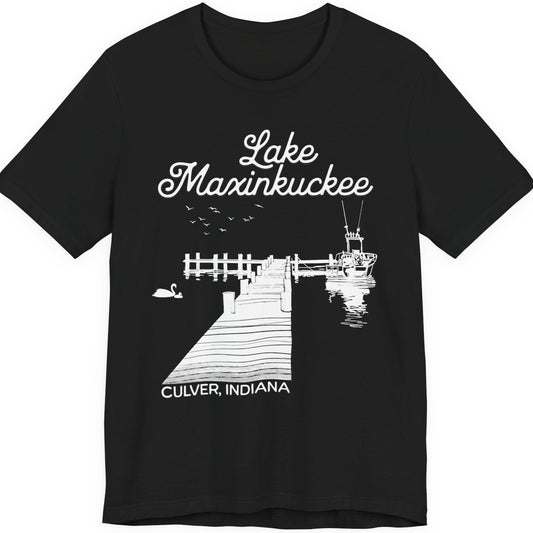Lake Maxinkuckee Culver Indiana Pier and Boat graphic Unisex Tee in black