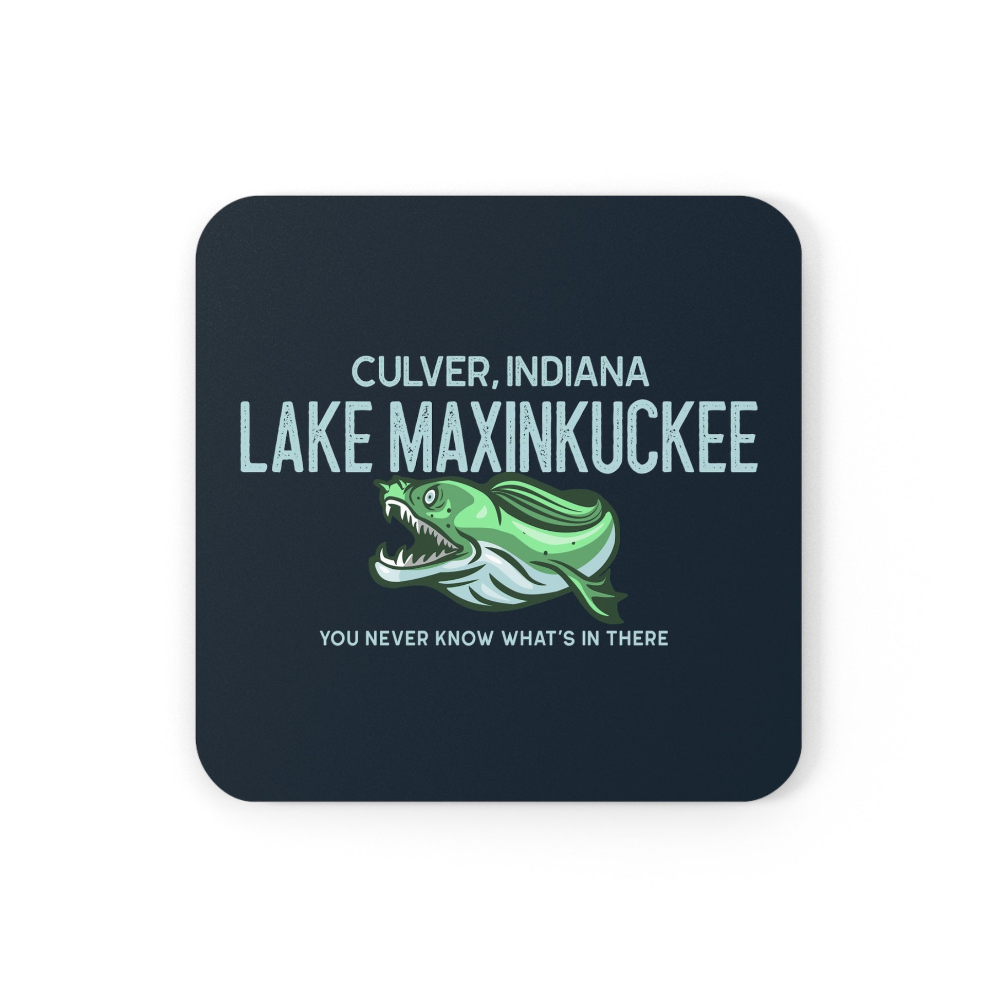 graphic of a fanged fish and text reading "Lake Maxinkuckee Culver Indiana You never know what's in there"