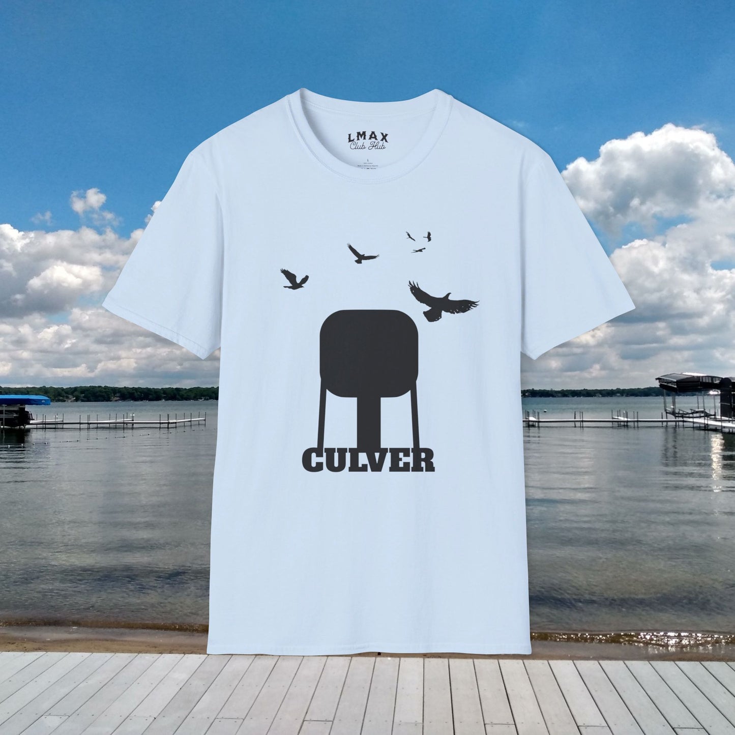 Culver Indiana Water Tower with Turkey Vultures in Black Silhouette Unisex Softstyle T-Shirt