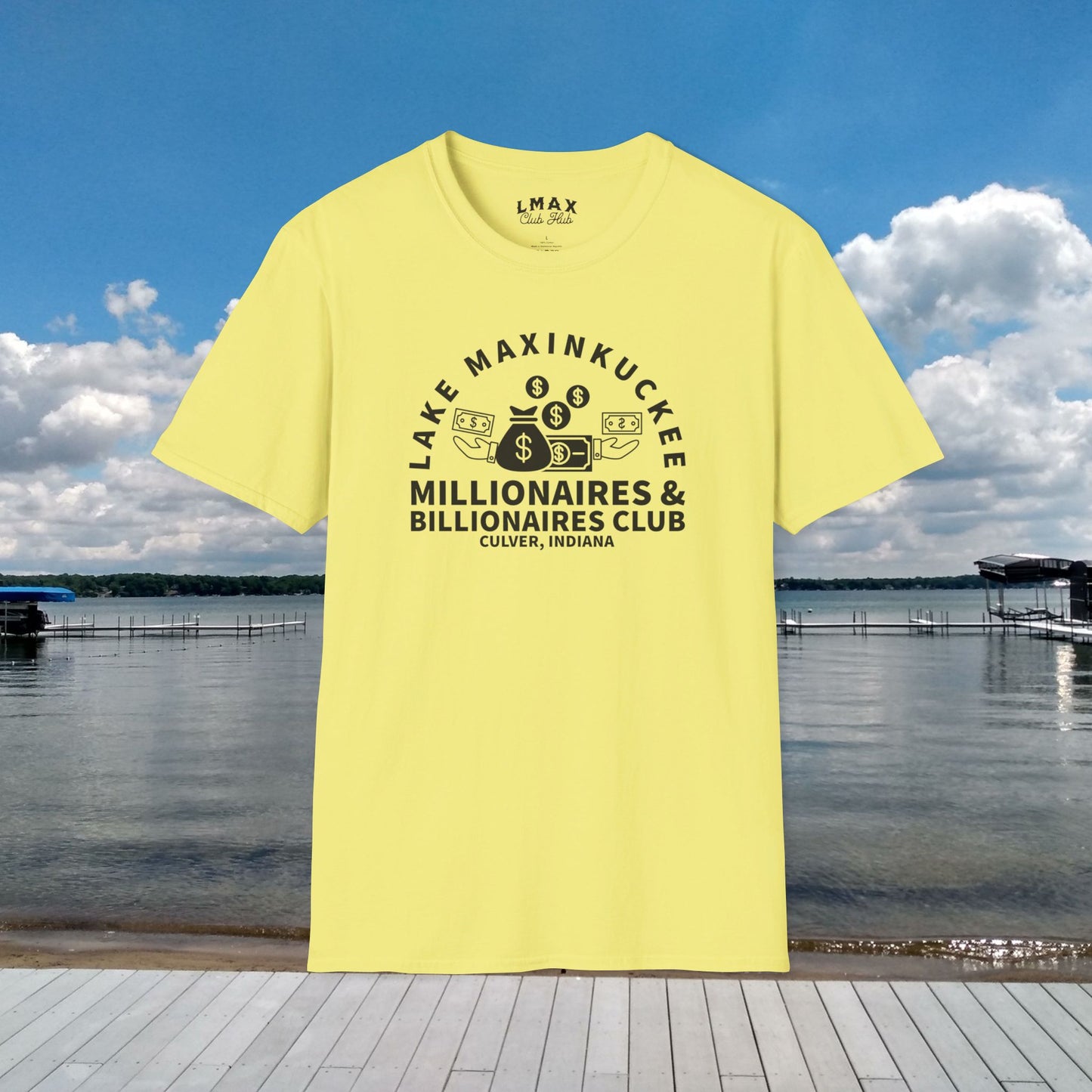 Millionaires & Billionaires Club, Lake Maxinkuckee, Culver, Indiana, Black Print Unisex Softstyle Tee