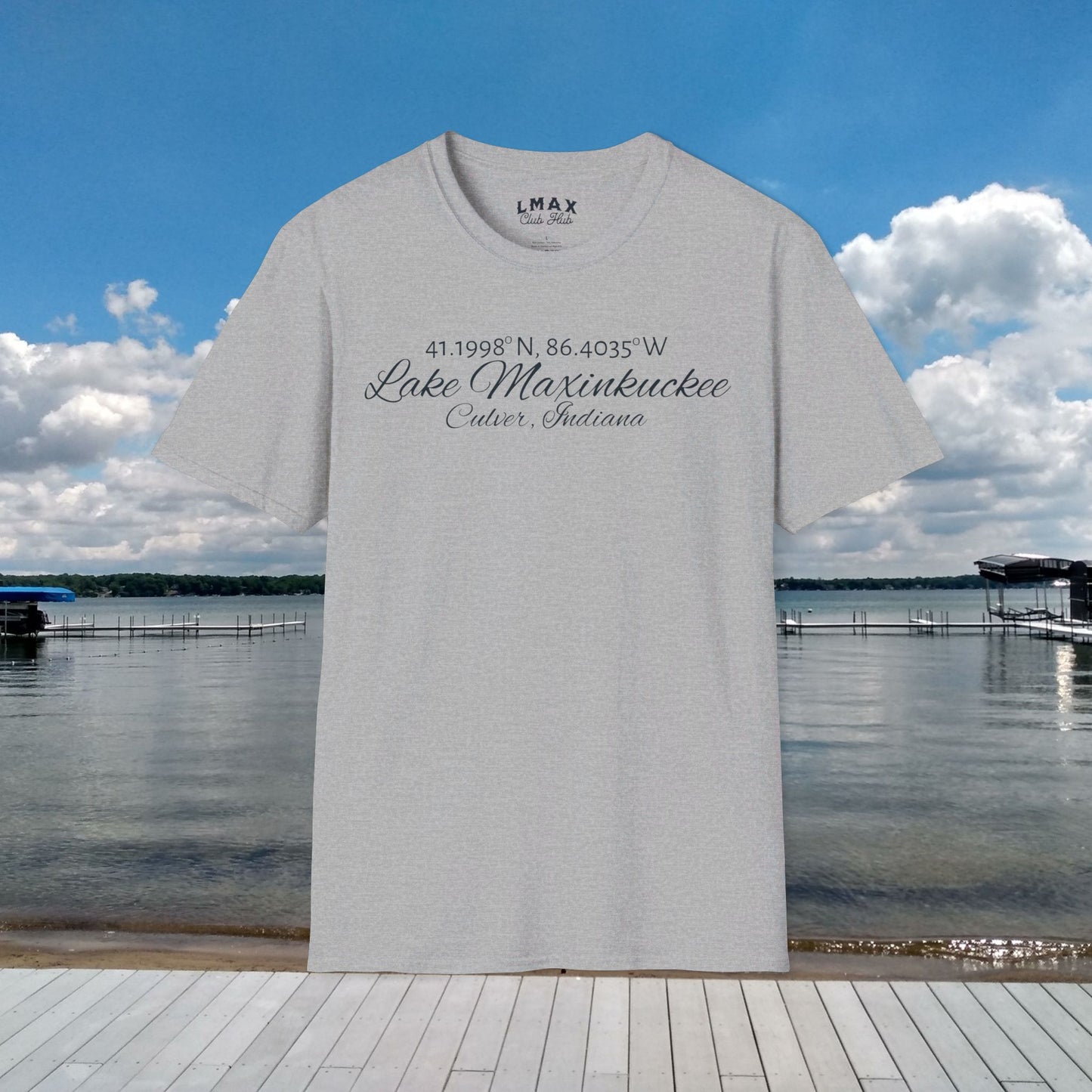 Lake Maxinkuckee Latitude/Longitude coordinates Unisex super soft tee for that Lake Life!