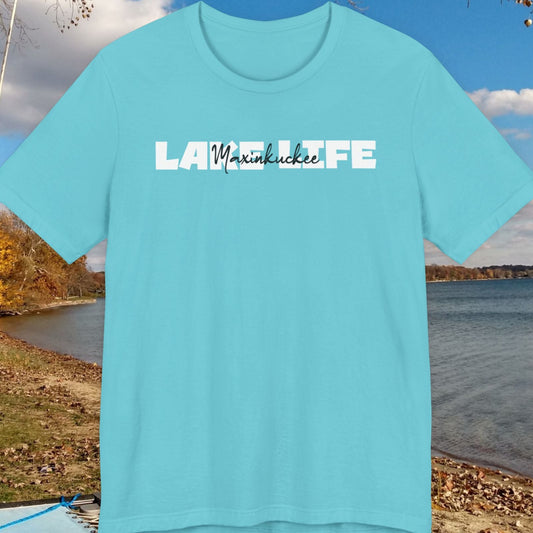 Blue t-shirt with 'Lake Life' text over a scenic lake background