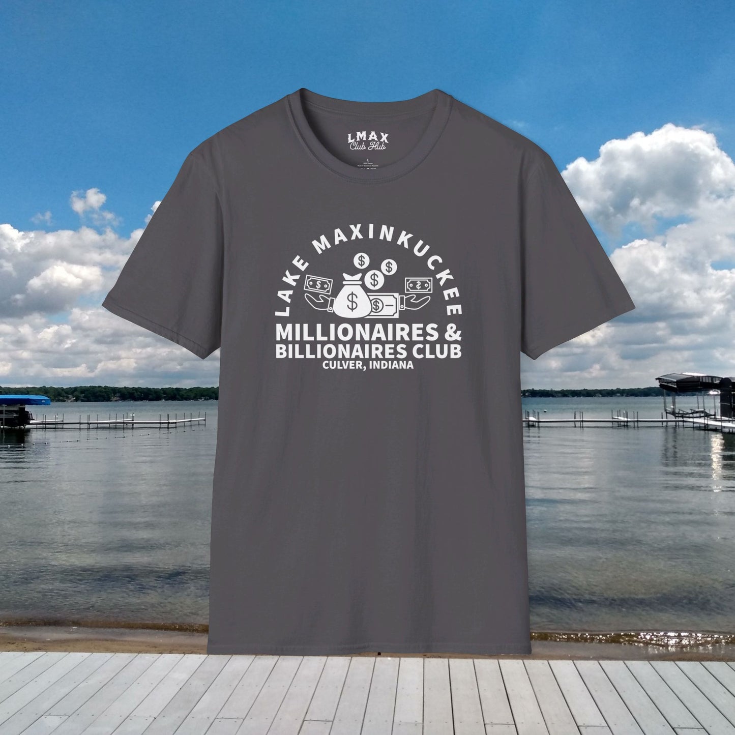 Millionaires & Billionaires Club, Lake Maxinkuckee, Culver, Indiana, White Print Unisex Softstyle Tee