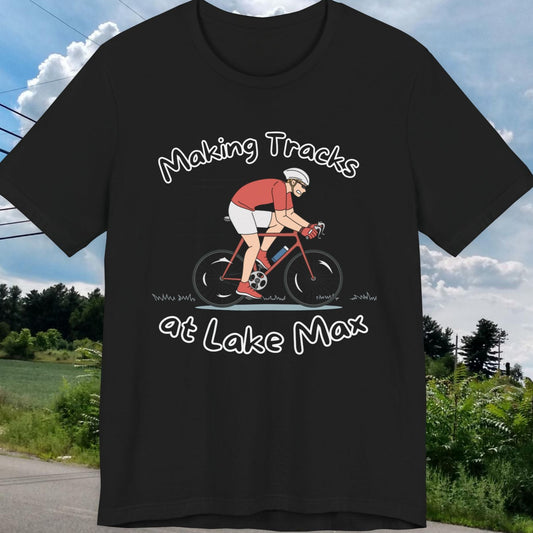 Making Tracks at Lake Max Bike Adventure Unisex Jersey Short Sleeve Tee in black