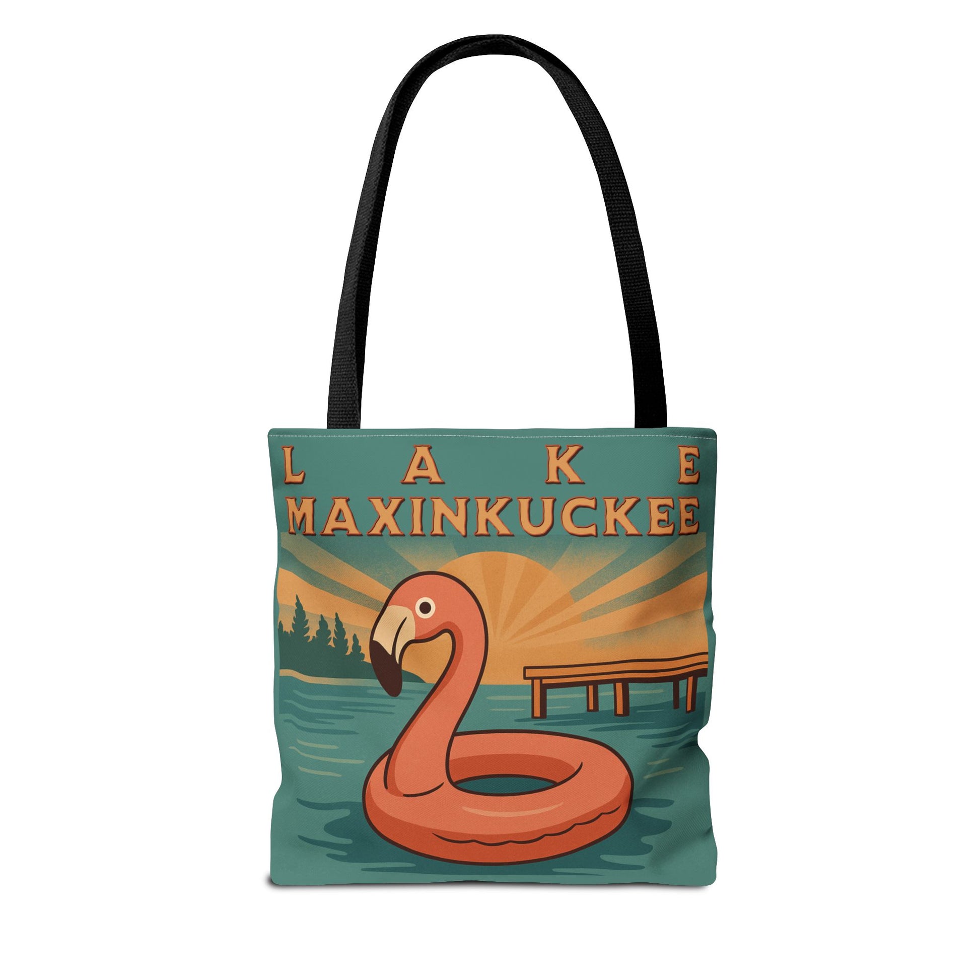 Tote bag with flamingo design and 'Lake Maxinkuckee' text 