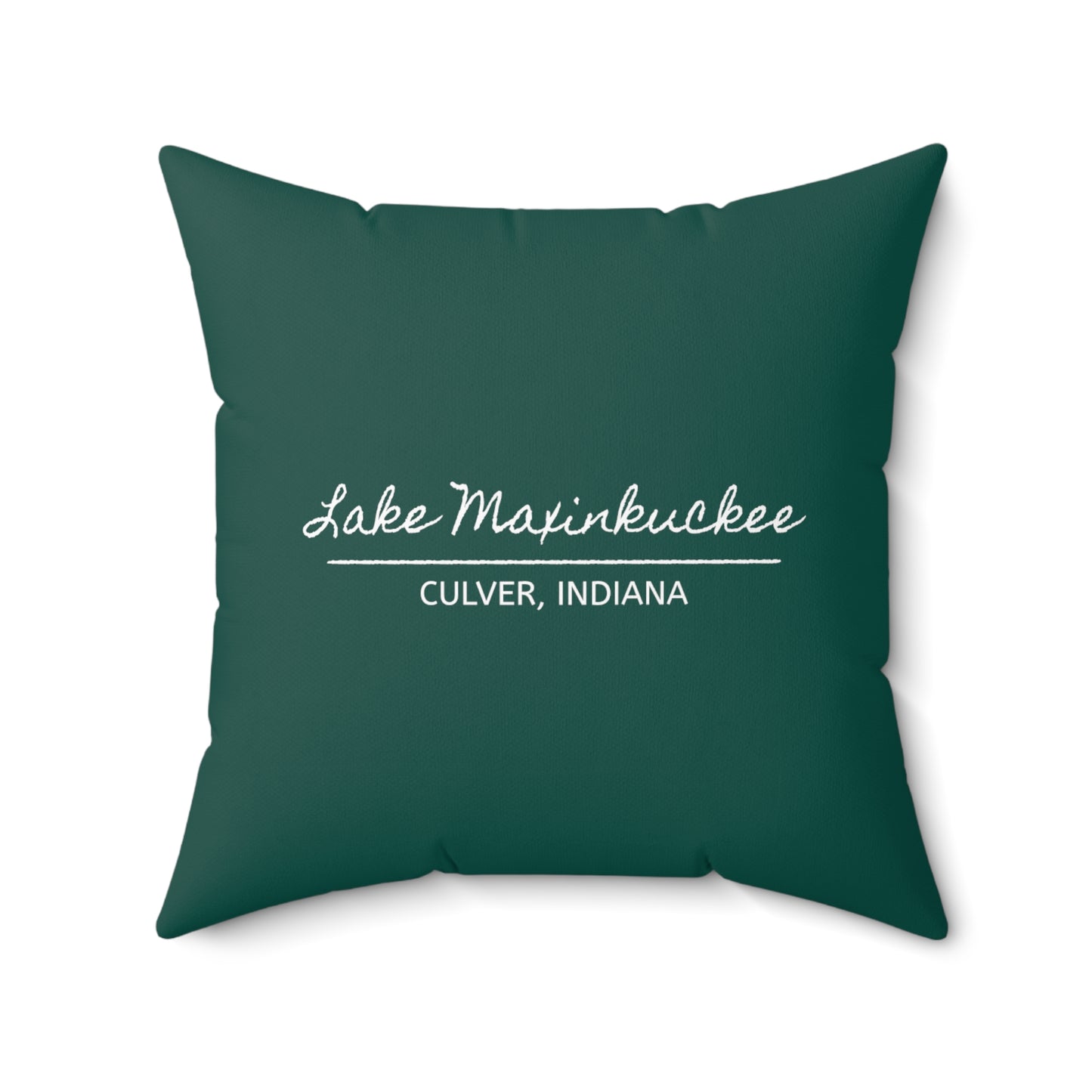 back of pillow says LAKE MAXINKUCKEE, CULVER, INDIANA