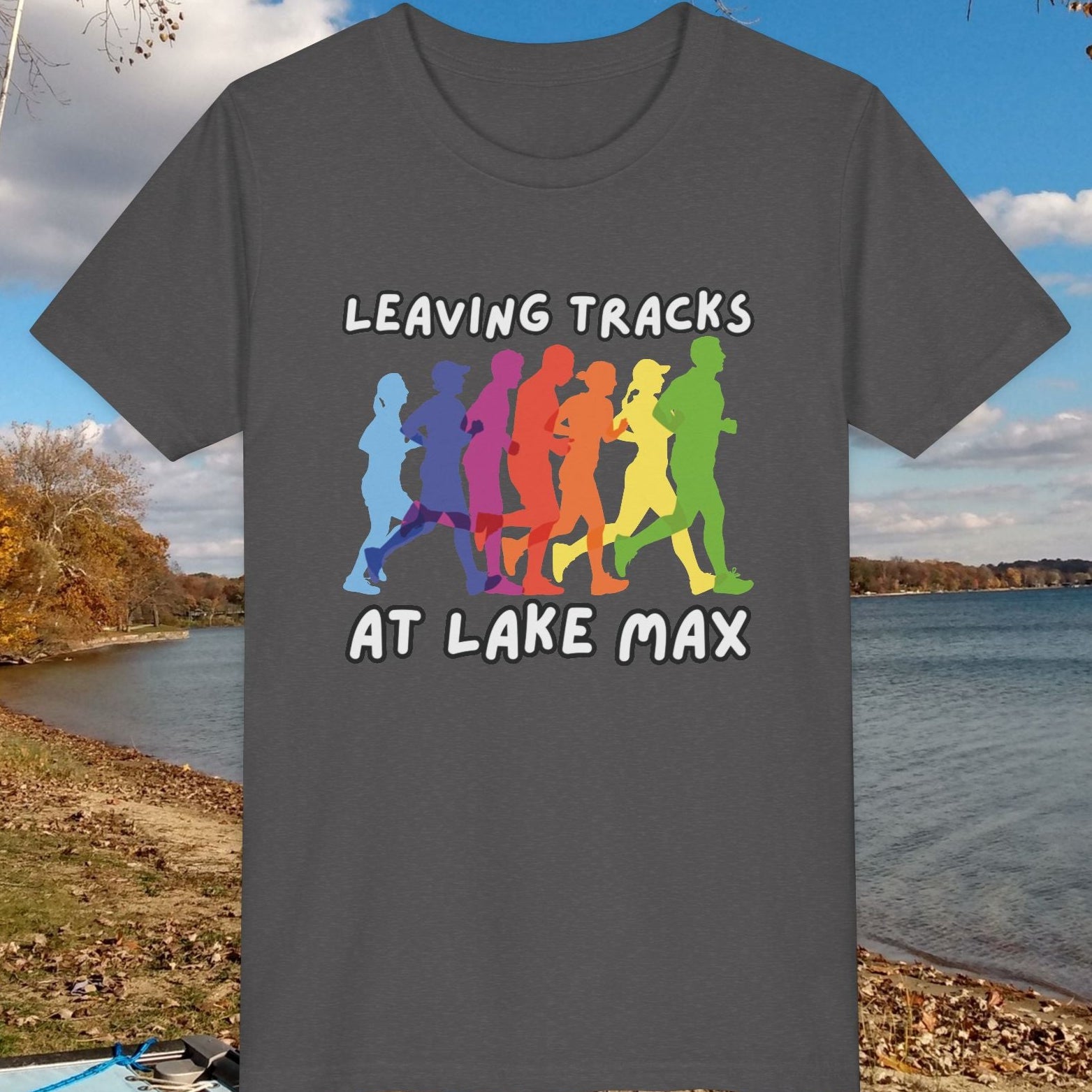 Leaving Tracks at Lake Max colorful youth tee in asphalt heather