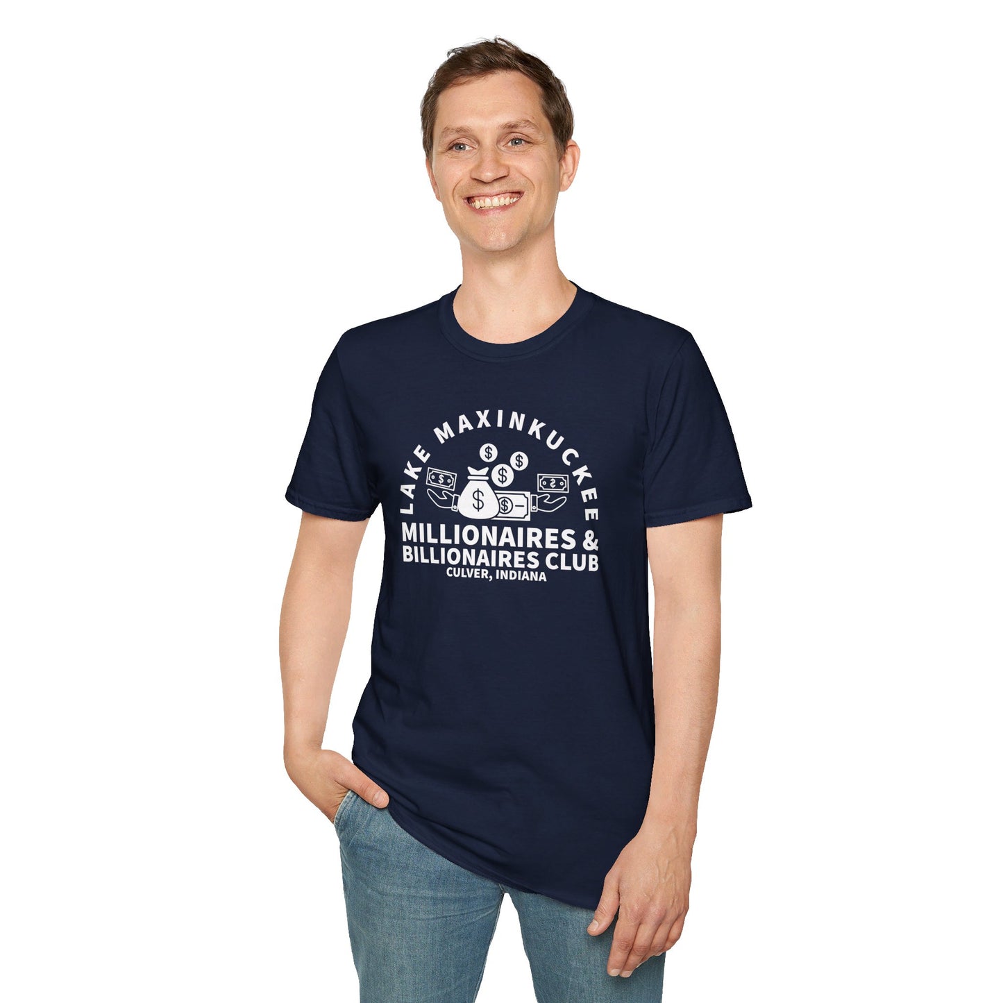 Millionaires & Billionaires Club, Lake Maxinkuckee, Culver, Indiana, White Print Unisex Softstyle Tee