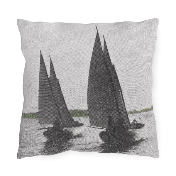 Outdoor pillow with vintage photo of sailboats on Lake Maxinkuckee, Culver, Indiana
